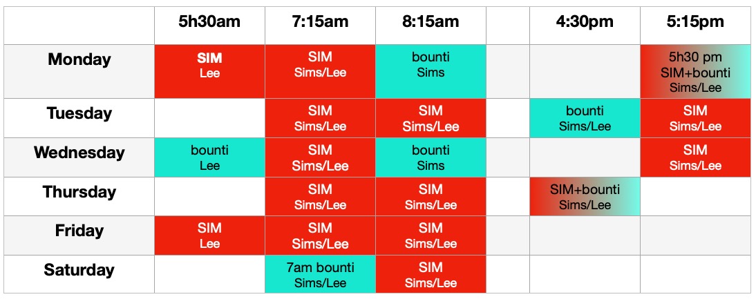 Weekly class schedule